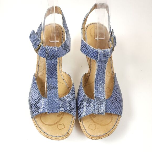 BORN MARES suede snake skin t-strap Blue Size 10 Wedge Sandal Shoes - Picture 2 of 12